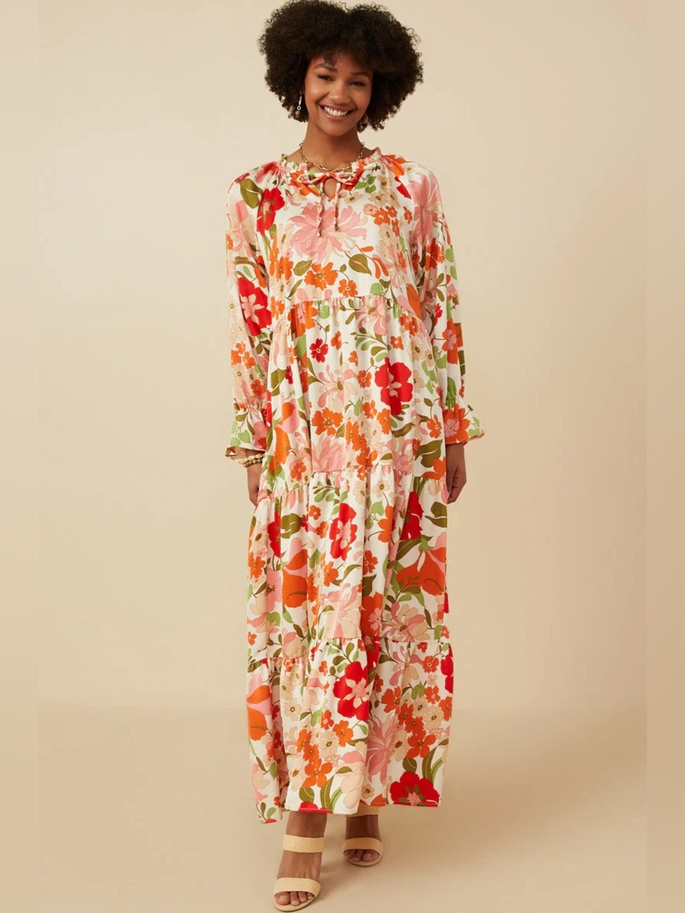 Hayden LA Satin Floral Tie Neck Tiered Maxi Dress - Picture 9 of 14